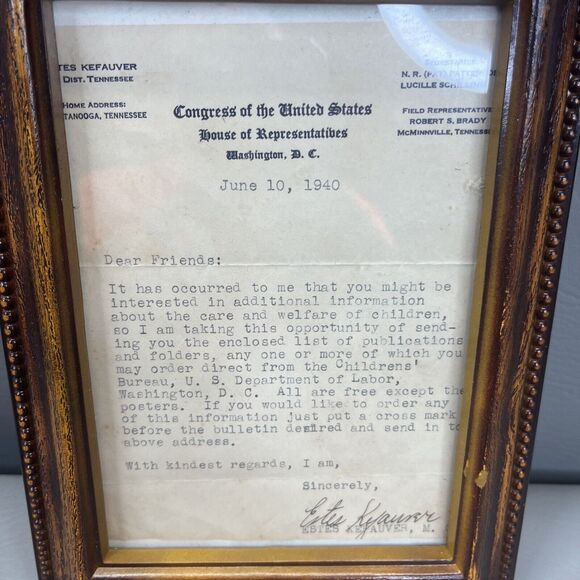 Estes Kefauver Framed Typed and Signed Letter to Friends June 10 1940 - Picture 1 of 6